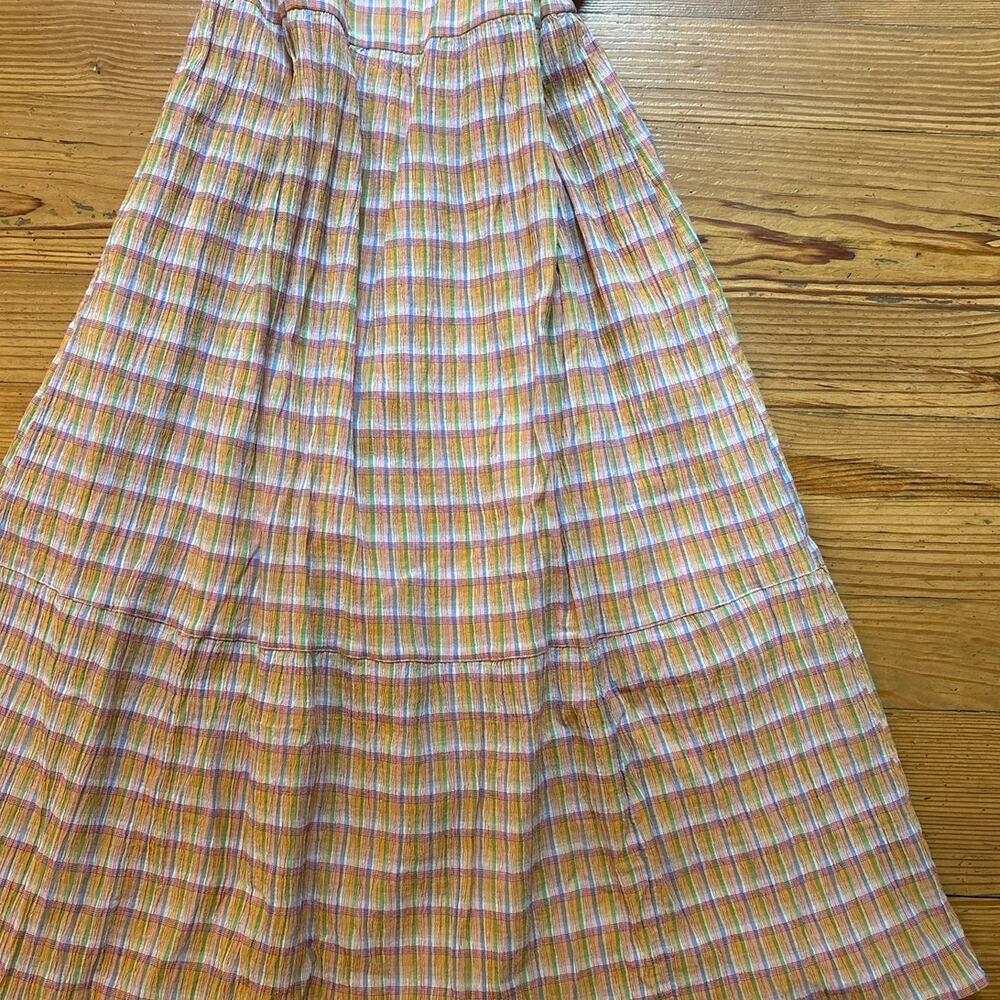 Loft colorful plaid print ruffle accent gauzy midi dress‎ SIZE M - Picture 2 of 5